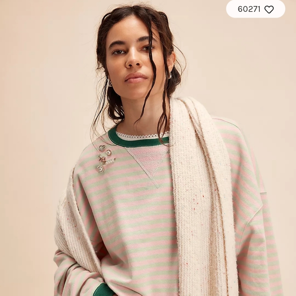 Free People Pink and Green Crew Neck Sweater